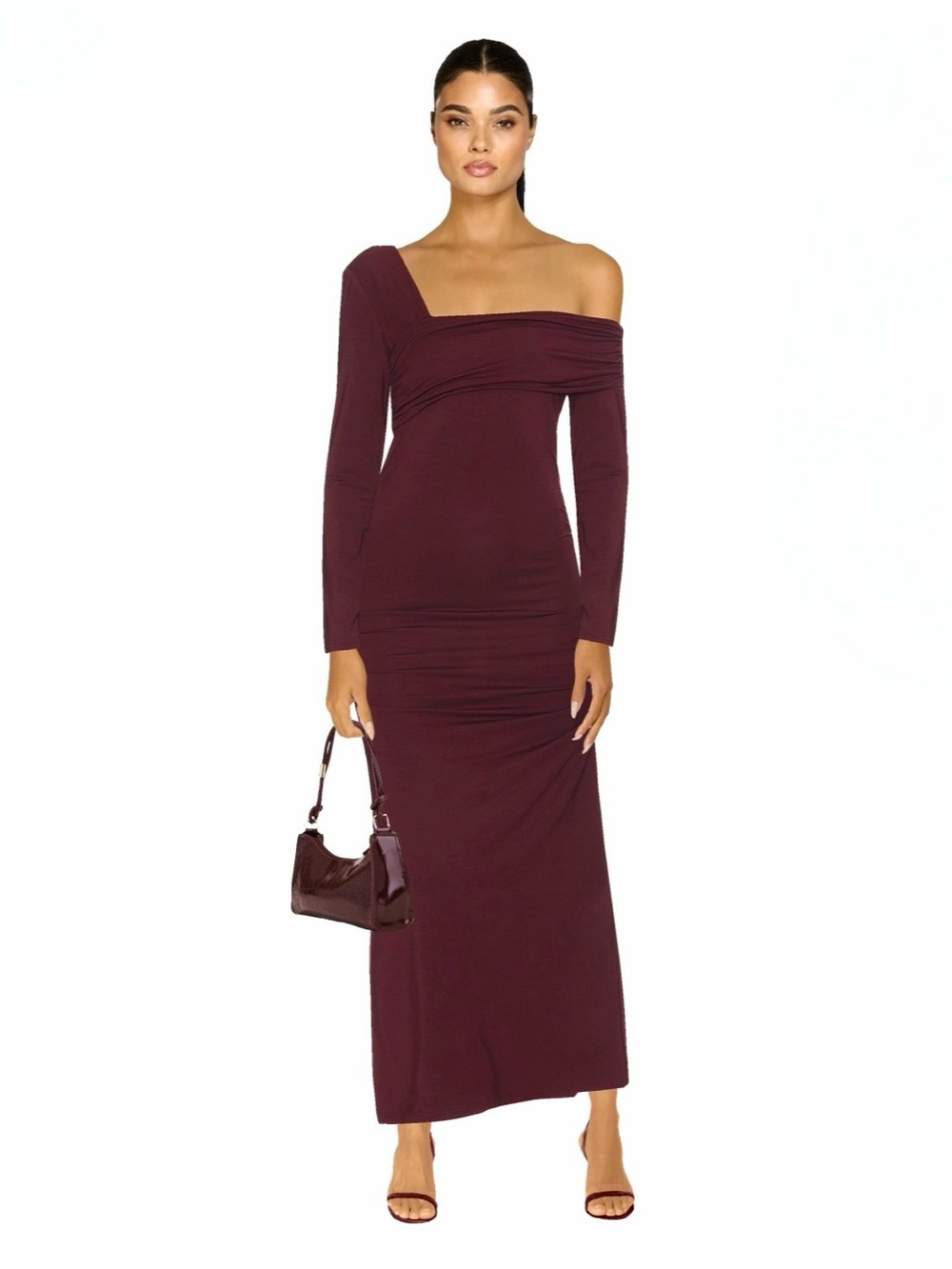 Karina Grimaldi Alex One Shoulder Maxi Dress Merlot Modal Large Nwt